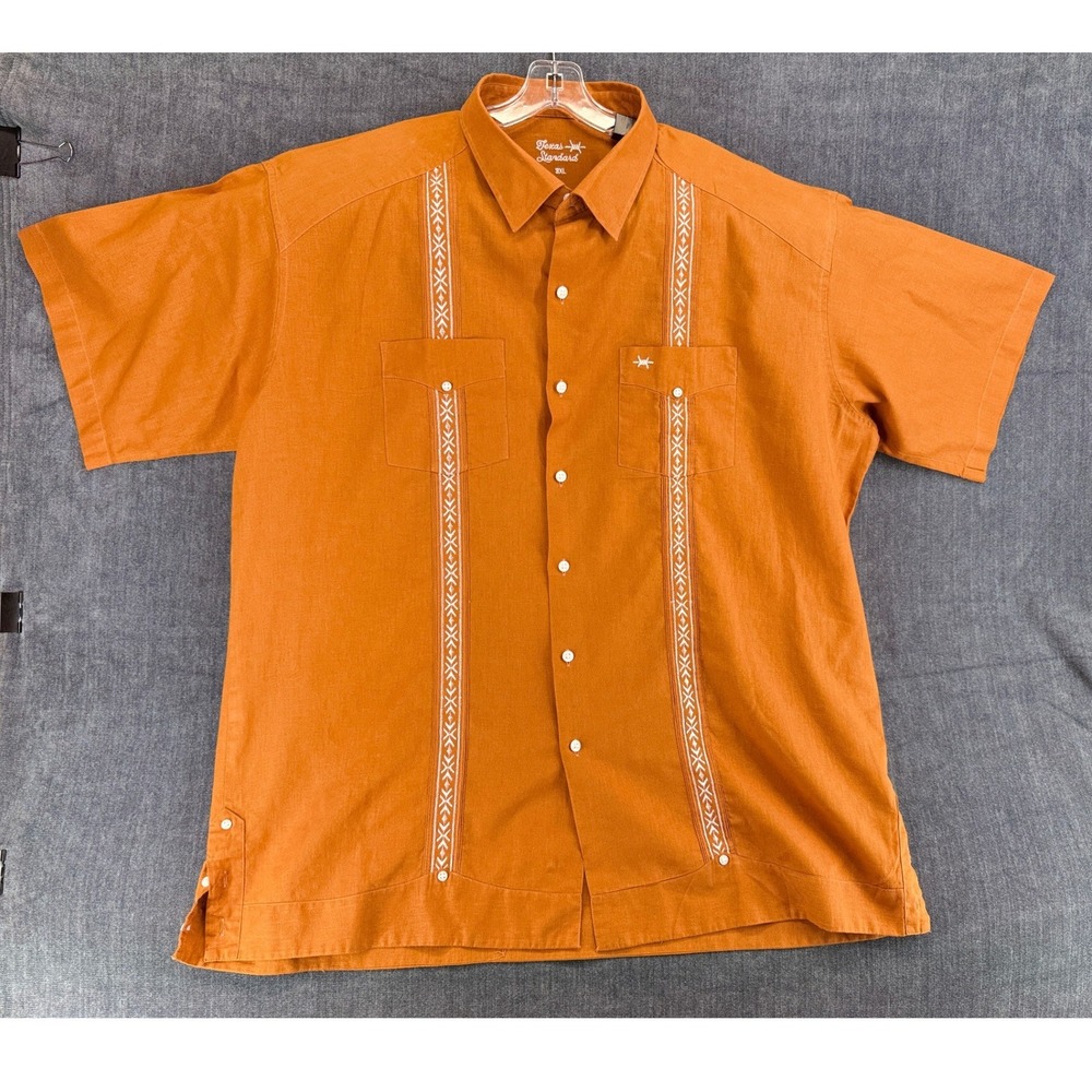 Texas Standard Guayabera Mens 3XL Burnt Orange Linen Blend Relaxed Embroidered